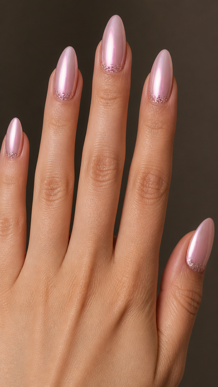 Blush Pink Chrome Almond with Micro Glitter