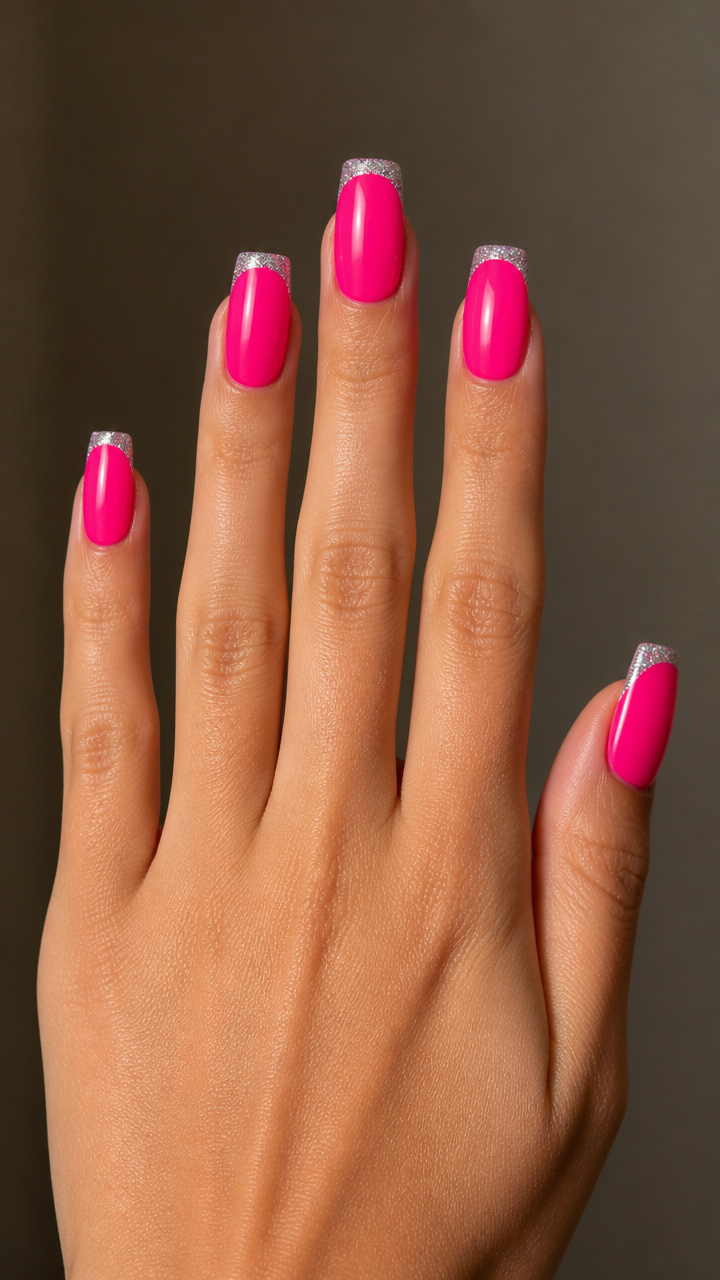 Hot Pink Square Tips with Silver Glitter Edges