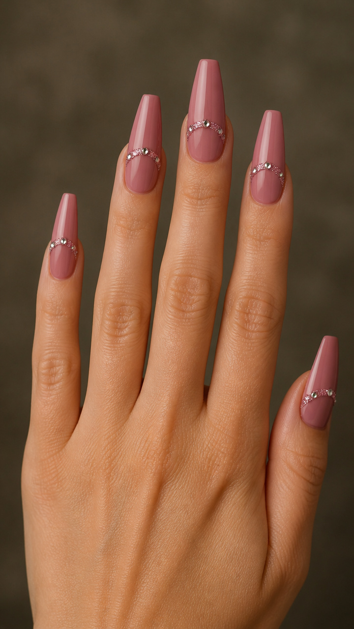 Mauve-Pink Coffin with Rhinestone-Trimmed Glitter Line