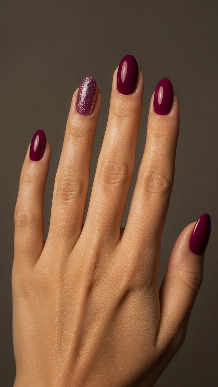 Deep Magenta Oval with Metallic Glitter Accent Nail