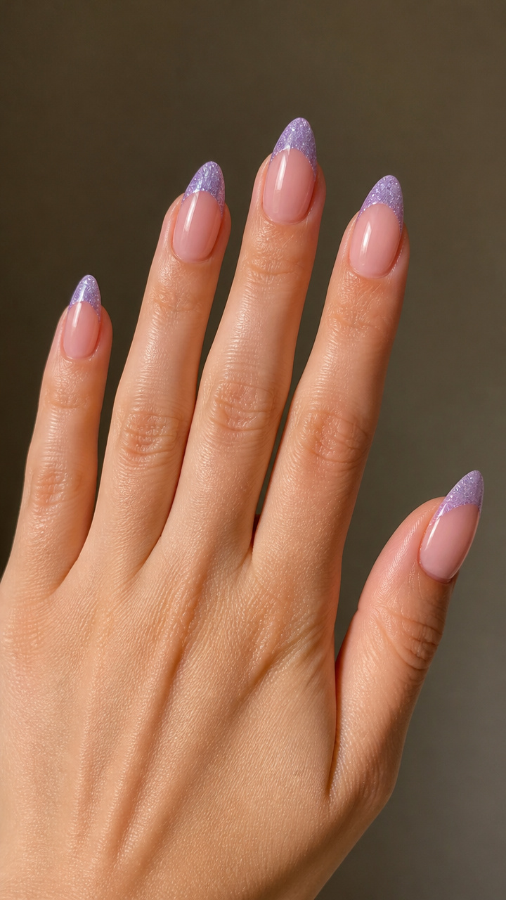 Blush Pink Almond Tips with Lavender Glitter Accents
