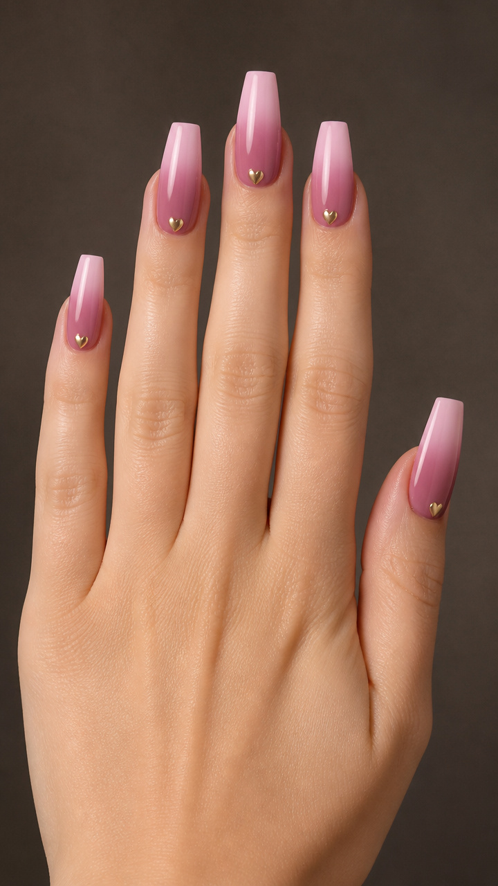 Mauve Ombré Coffin Nails with Tiny Heart Studs