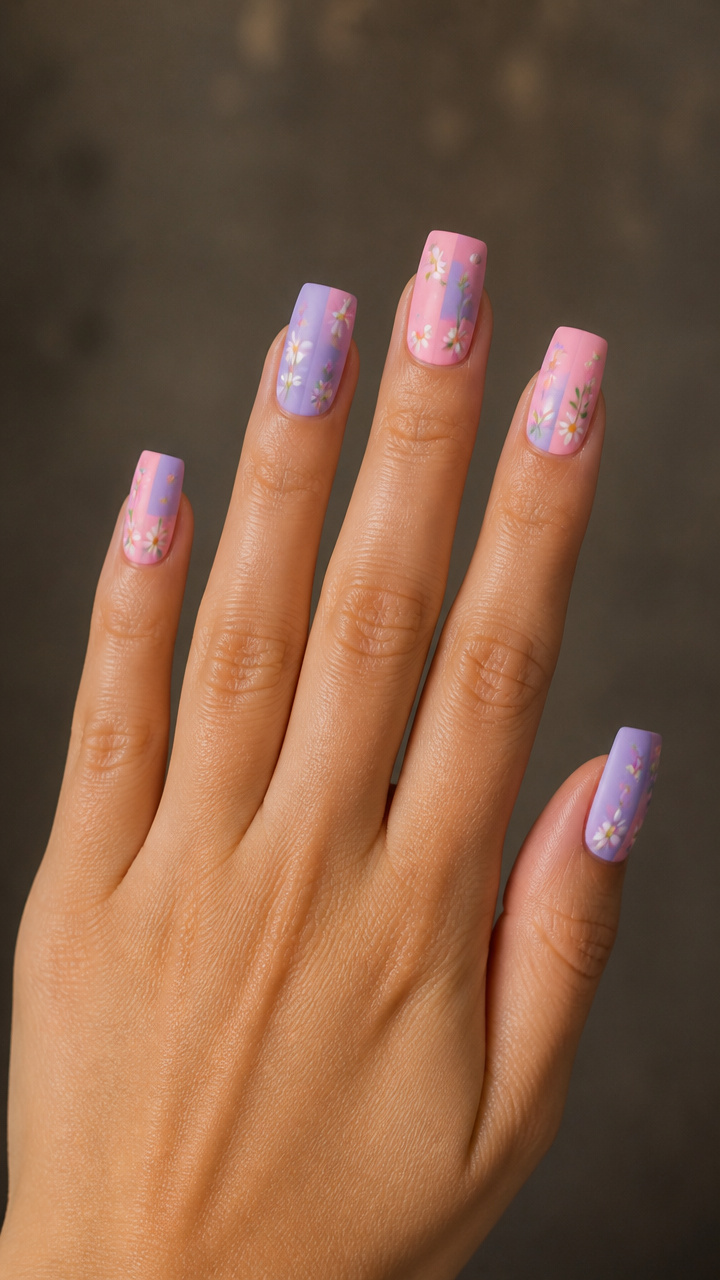 Pastel Duo-Tone Square Nails with Tiny Florals
