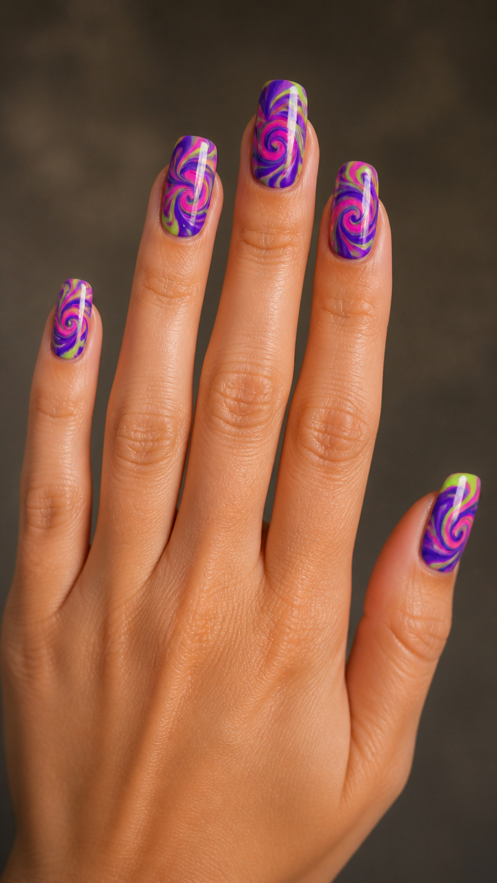Purple Tie-Dye with Neon Green Swirls