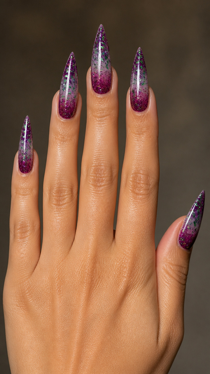 Dark Orchid Glitter Ombre with Green Foil Flakes