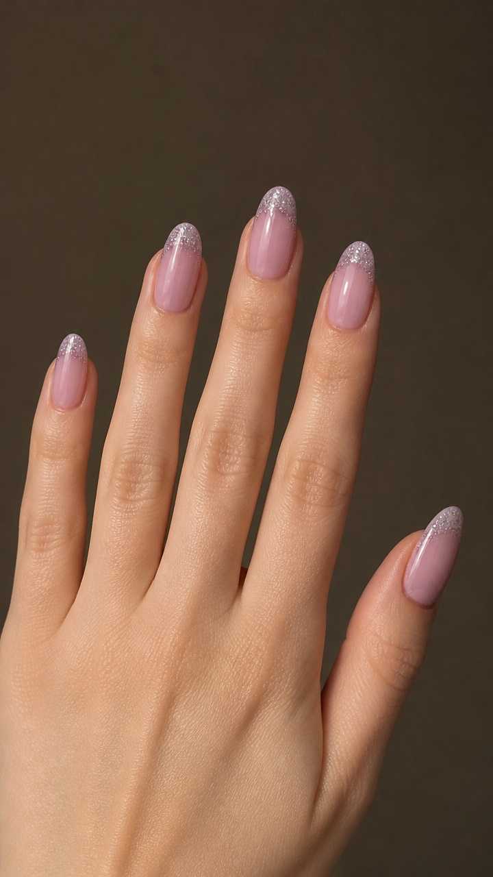Lilac Sheer Tips with Silver Micro Glitter