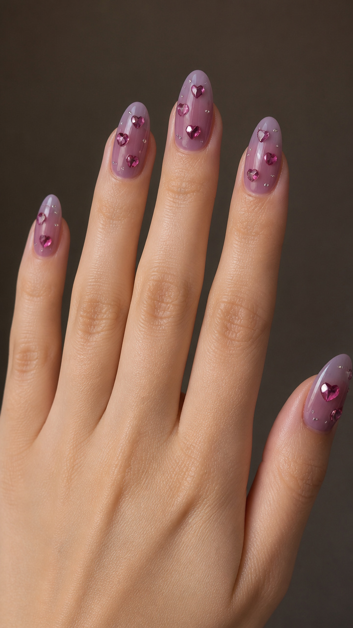 Mauve Purple with Floating Rhinestone Hearts