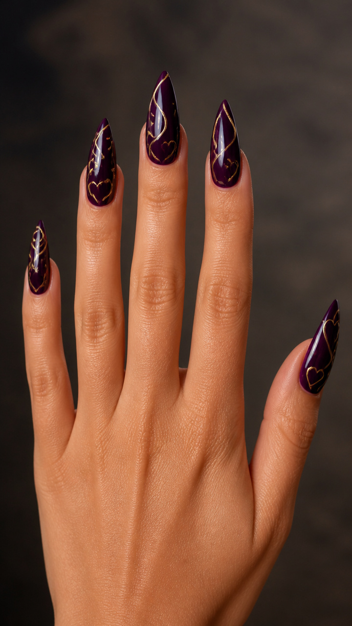 Eggplant Glossy Stiletto Tips with Gold Line Art
