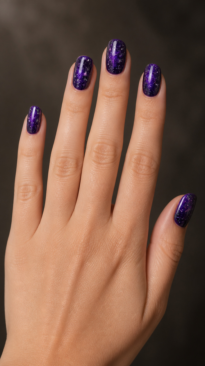 Violet Galaxy Nails with Star Dust Flecks