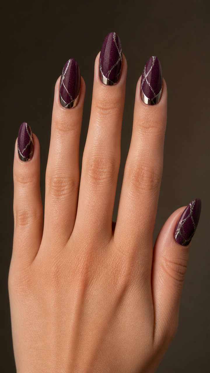 Velvet Plum Almond Nails with Silver Accents