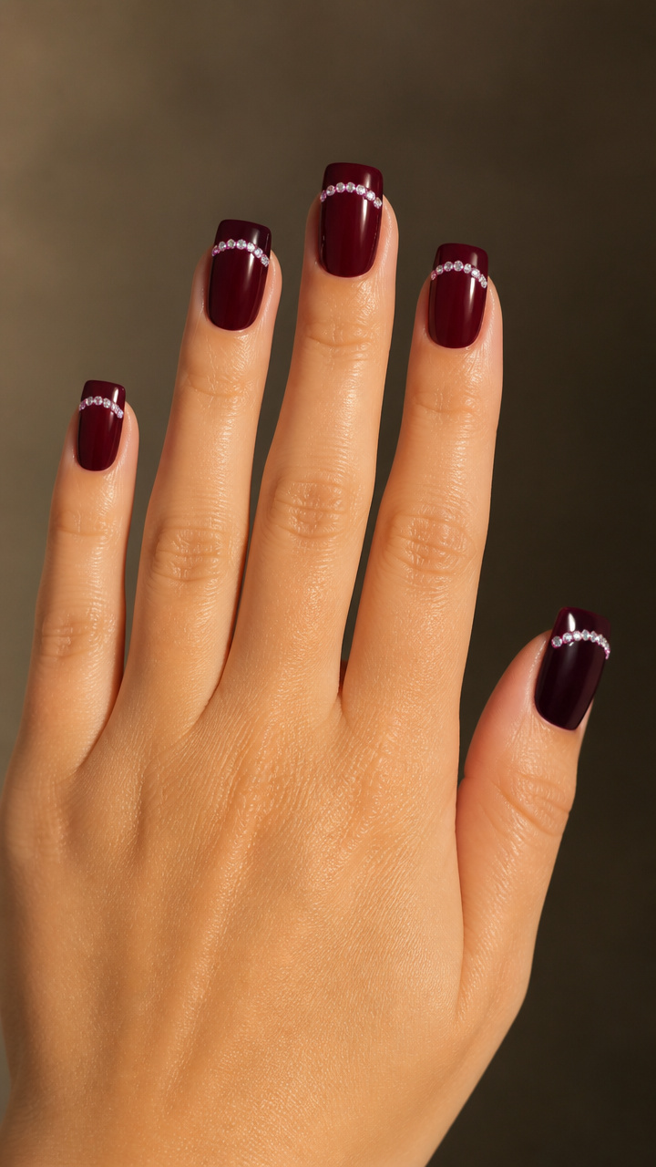 Mulberry French Tips with Rhinestone Smile Lines
