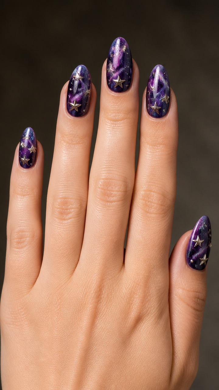 Violet Galaxy Nails with Star Studs