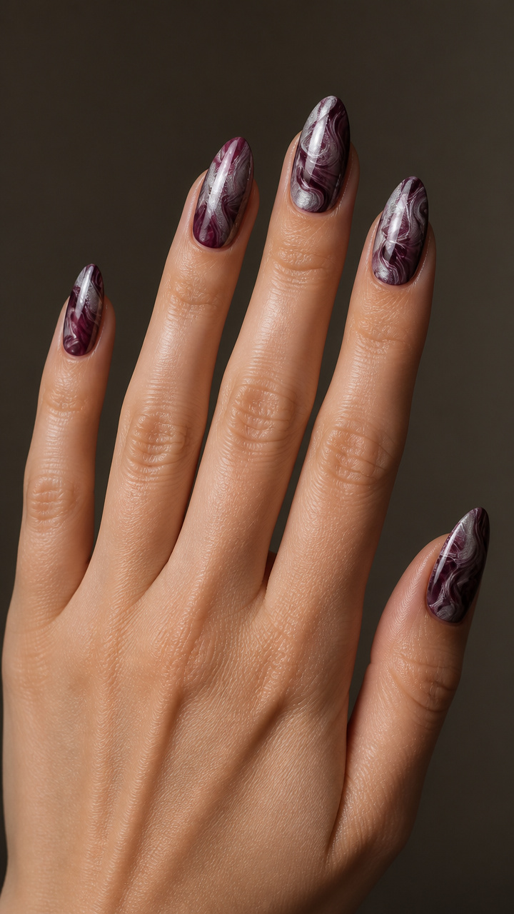 Plum and Silver Marbled Nails