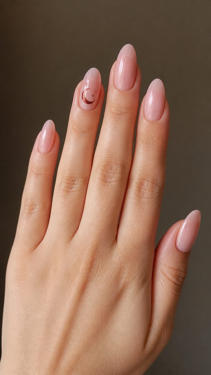 Frosted Pink with Red Glitter Moon Accents