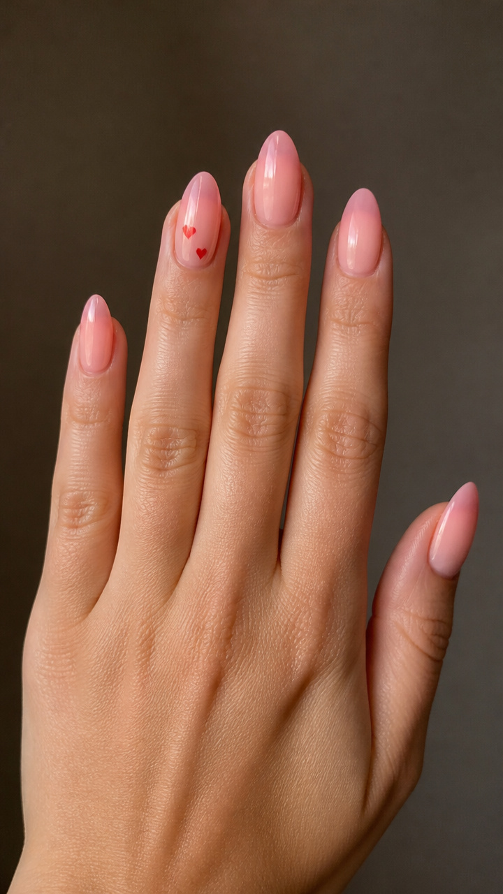 Blush Ombre Almond Nails with Tiny Hearts