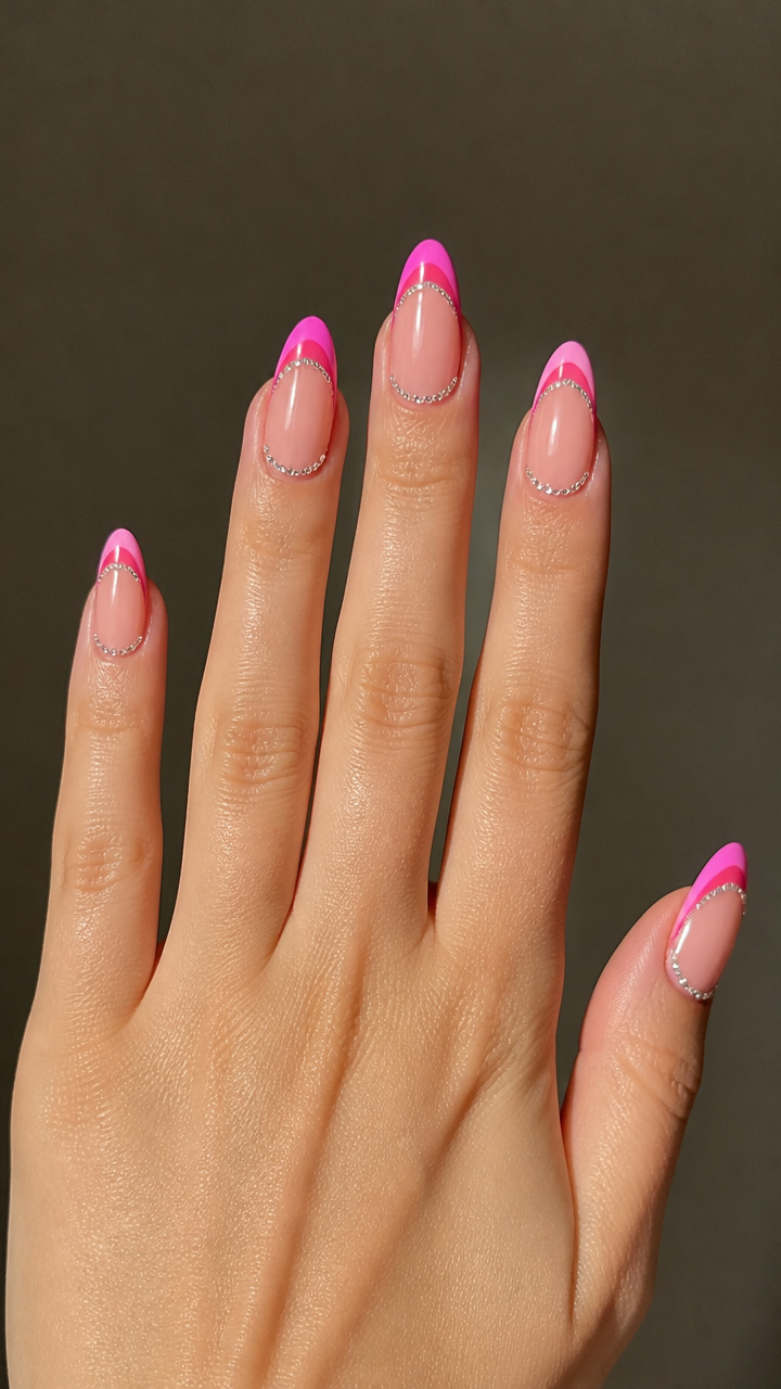 Double Pink French Tips with Rhinestone Smile Line