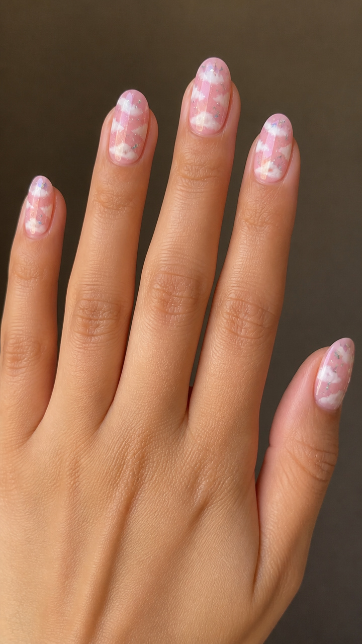 Pastel Pink Cloud Nails with Star Dust