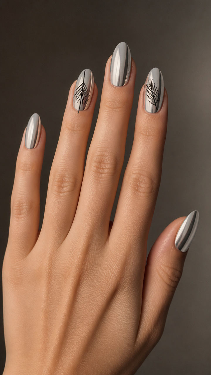 Chrome Chrome Nails with Minimalist Line Art