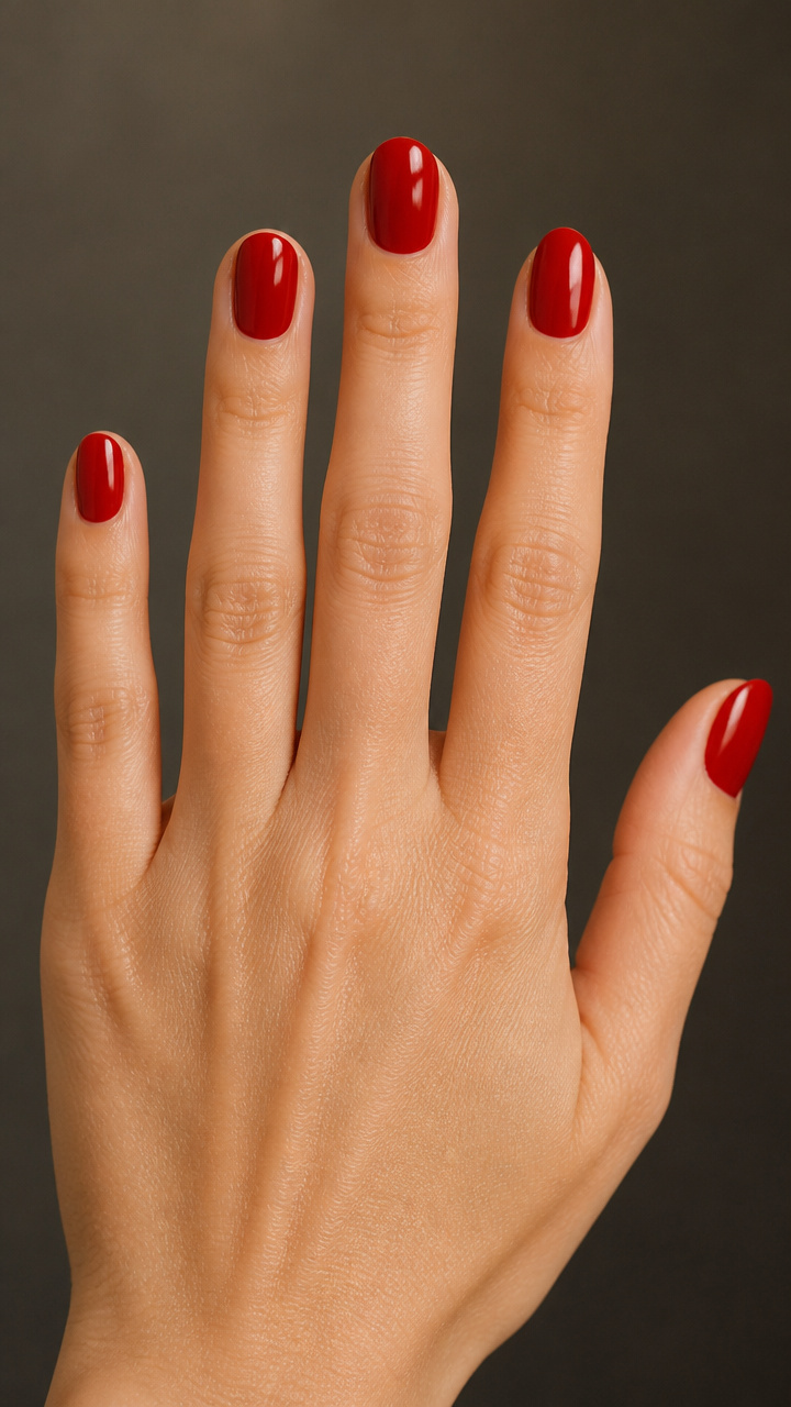 Glossy Cherry Red on Short Oval Nails