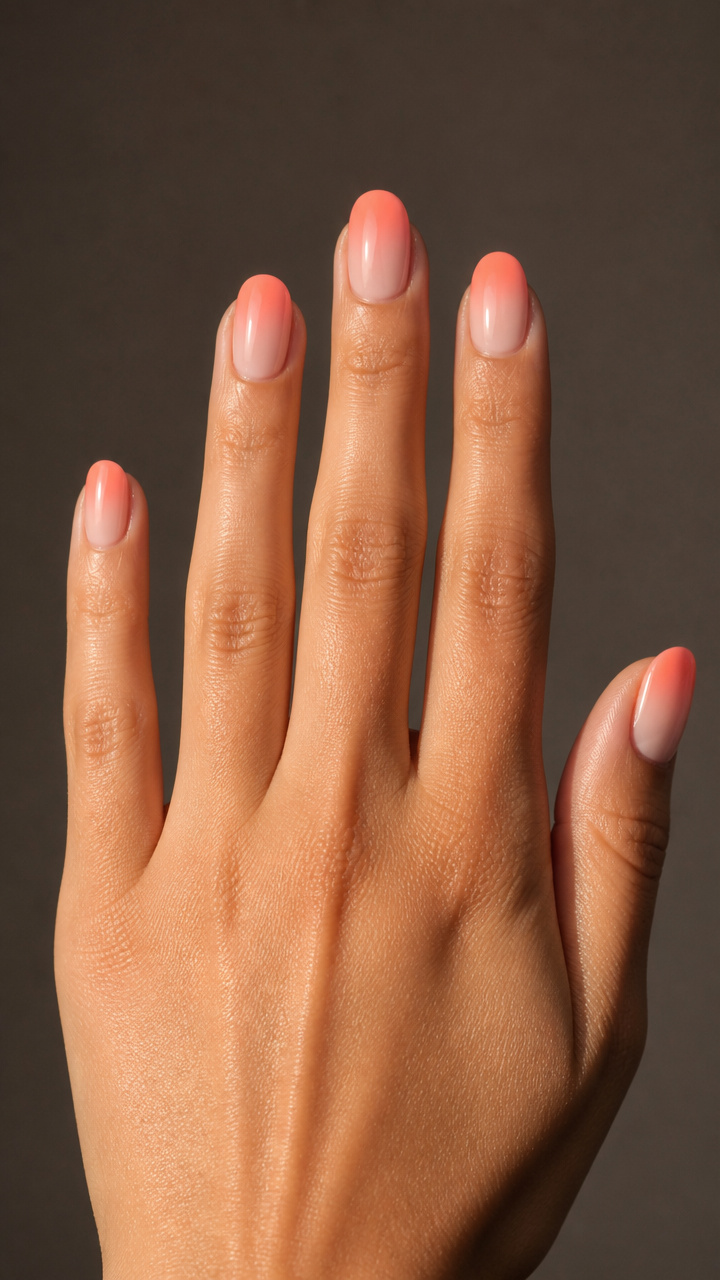 Soft Coral Ombré Tips on Rounded Nails