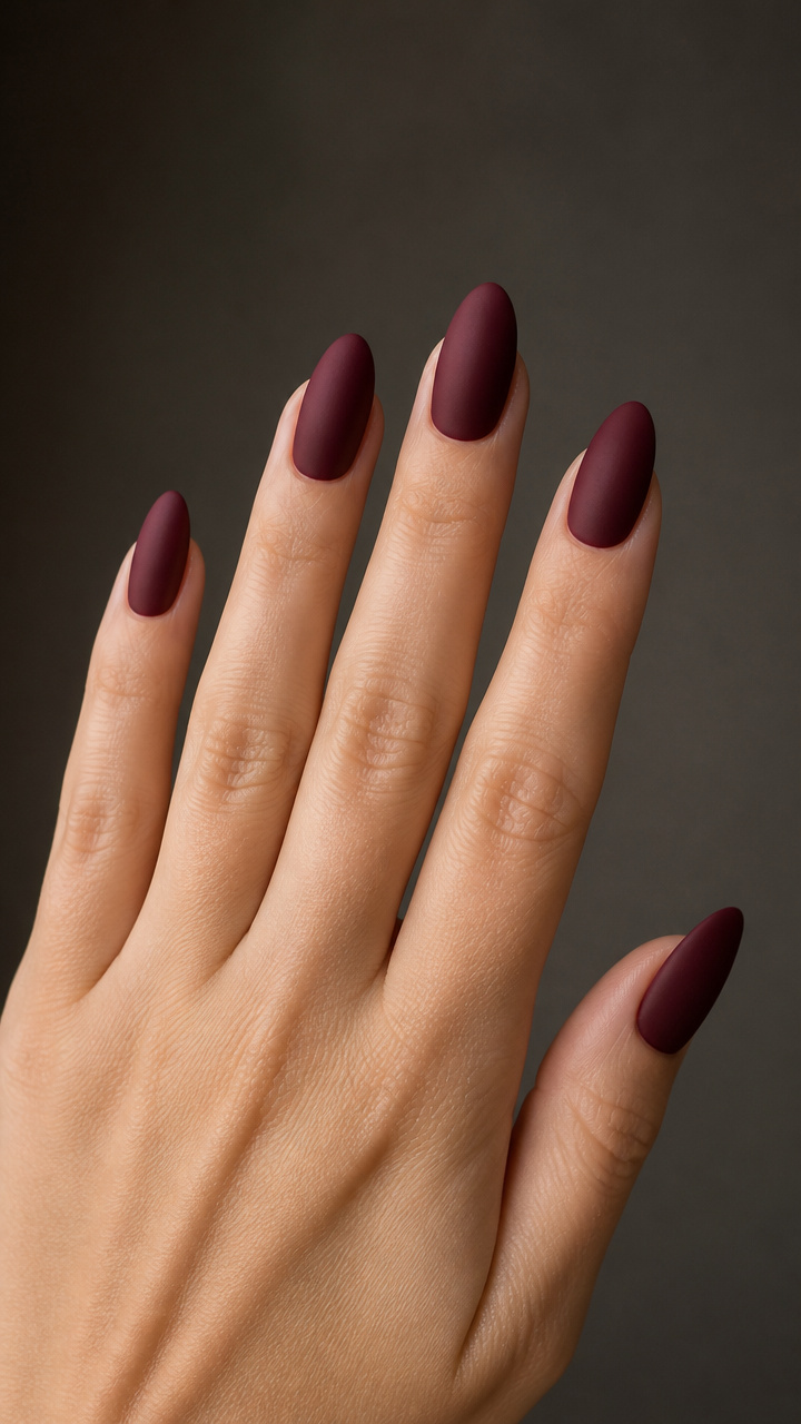 Matte Deep Burgundy Almond Nails