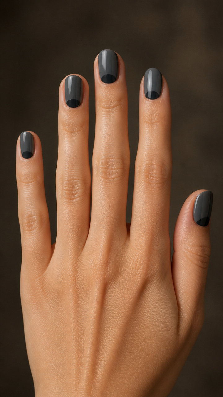 Charcoal Gray Half-Moon Manicure