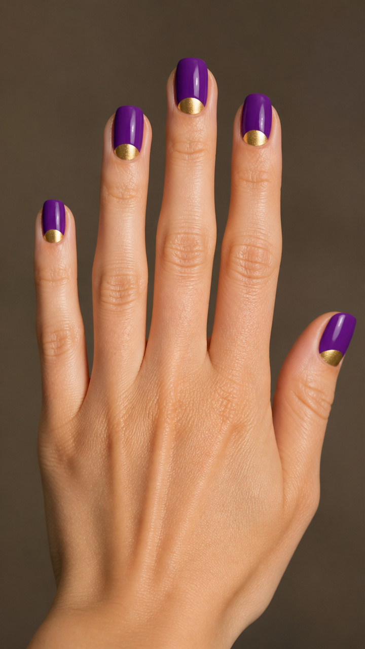 Gold Half-Moon Manicure with Purple Tips