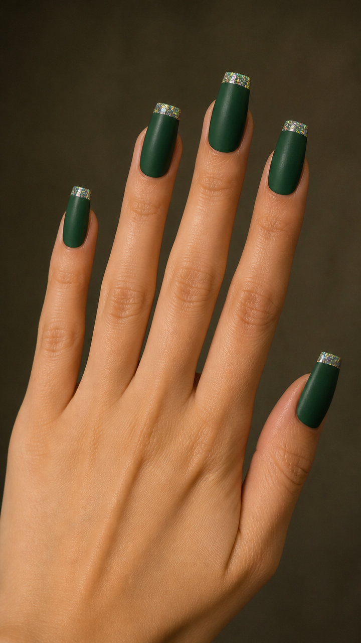Matte Emerald Coffin Nails with Glitter Band
