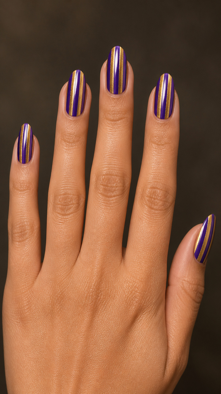 Purple and Gold Striped Almond Nails