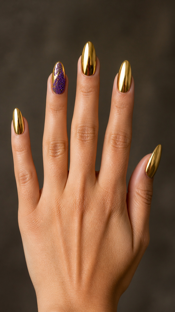 Gold Chrome Nails with Purple Microbeads