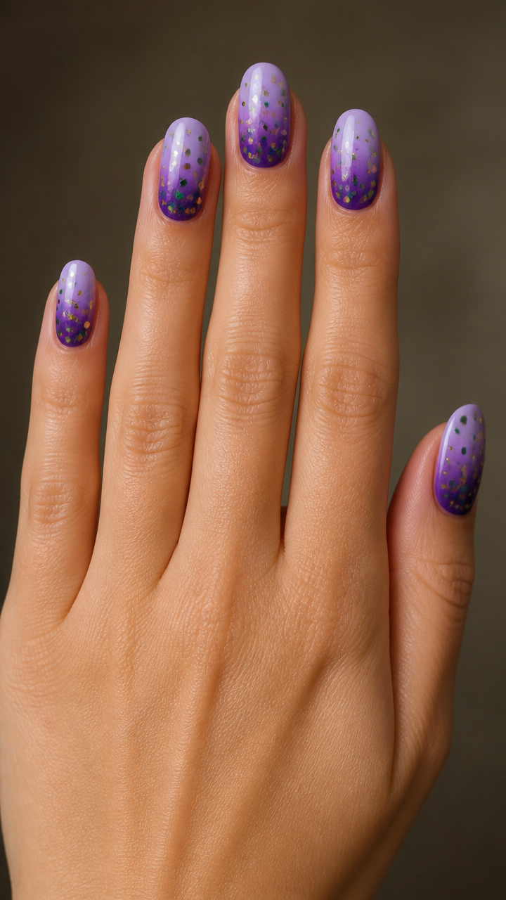 Purple Ombre with Green and Gold Confetti