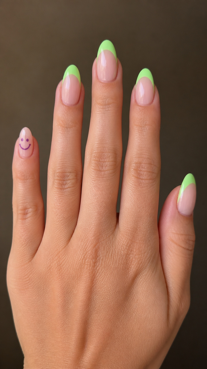 Green French Tips with Purple Smiley Faces