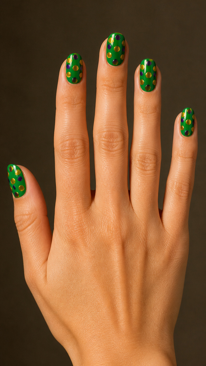 Purple and Gold Polka Dots on Green