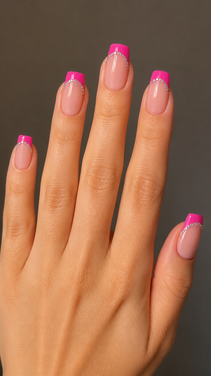 Pink French Tips with Rhinestone Smile Lines