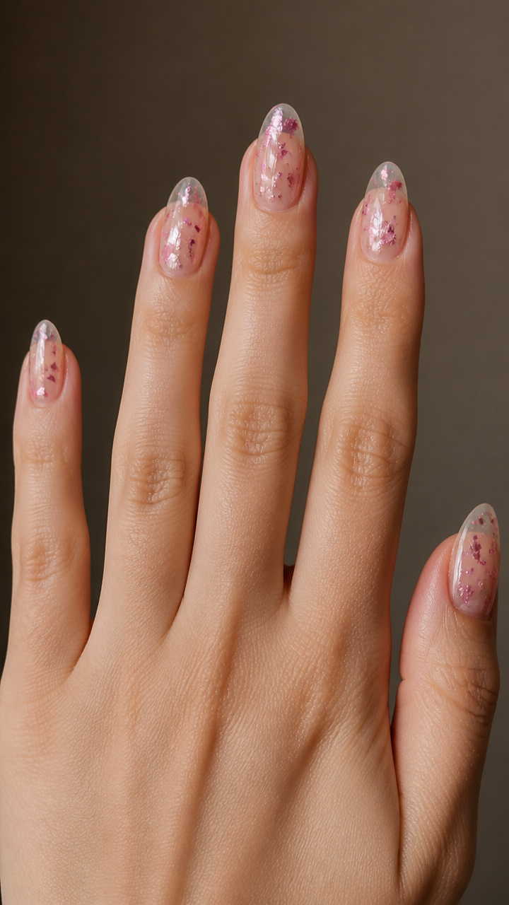 Clear Nails with Pink Foil Flecks