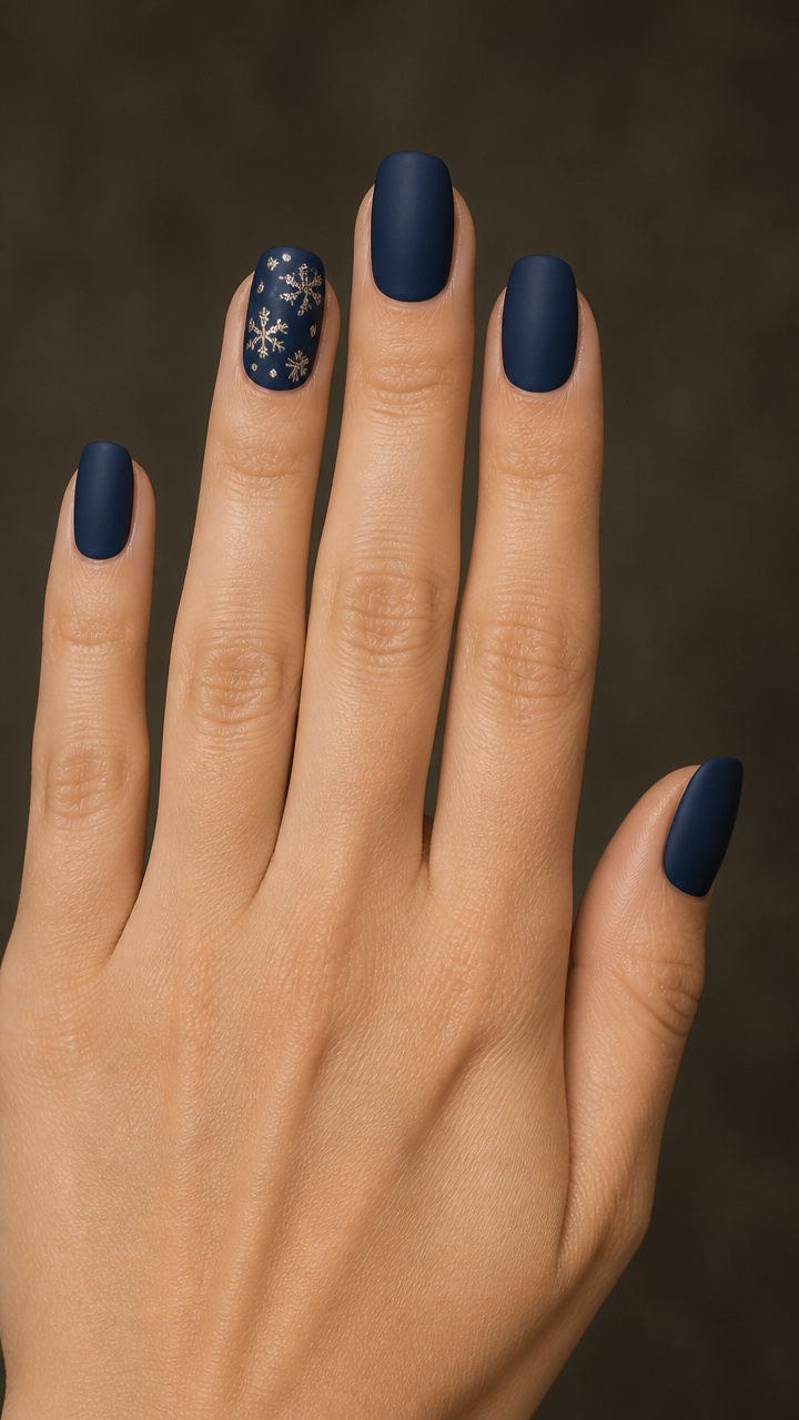 Matte Navy Blue Base with Glitter Snowflakes