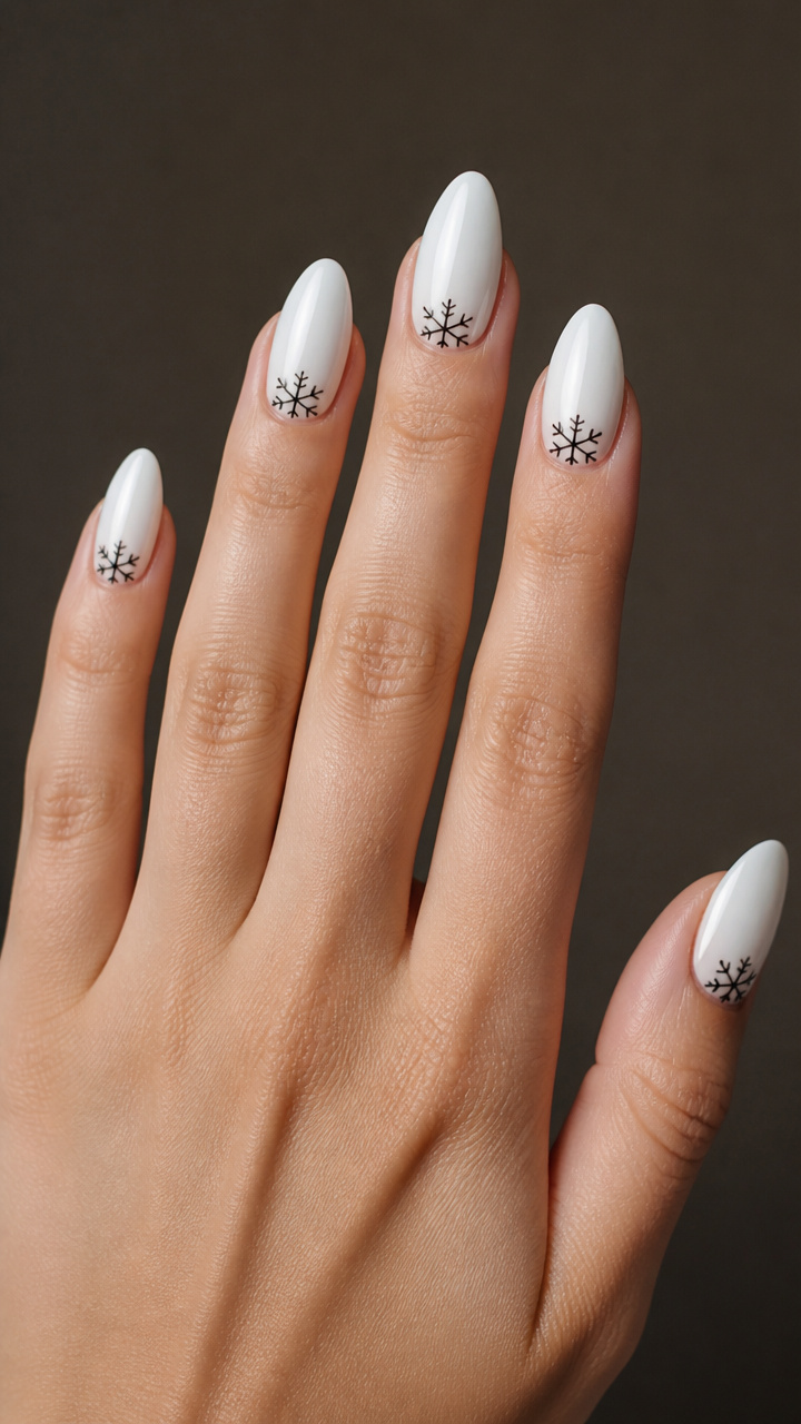 White Almond Nails with Minimalist Ink Snowflakes