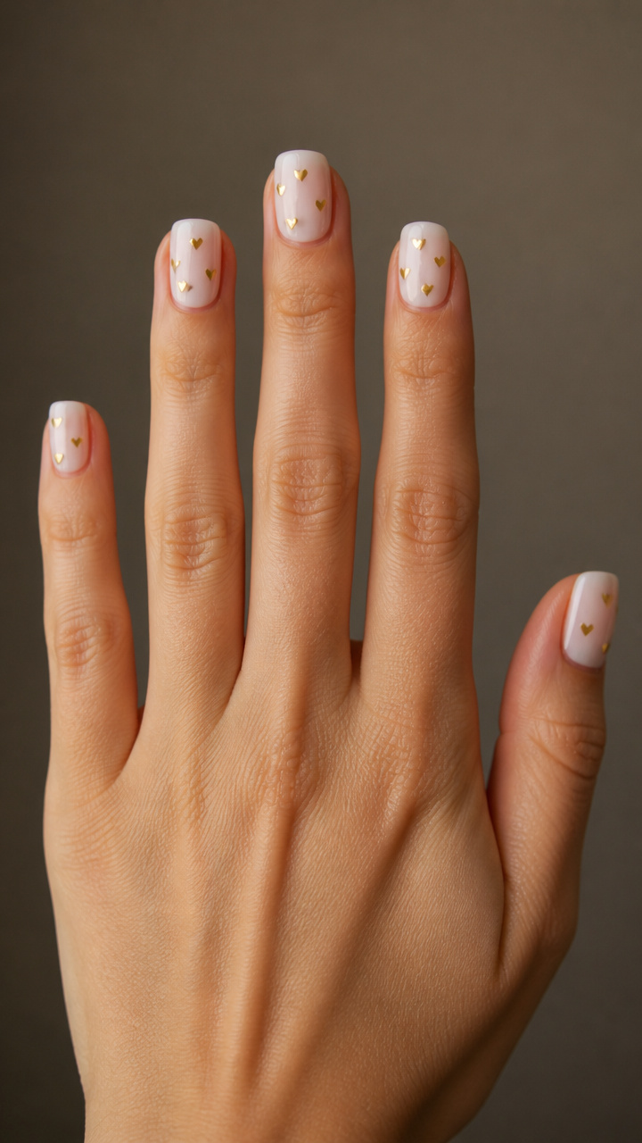 Milky White Nails with Gold Micro Hearts