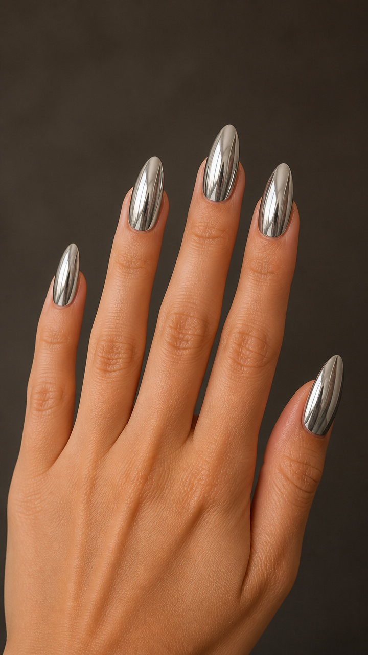 Silver Chrome Almond Nails