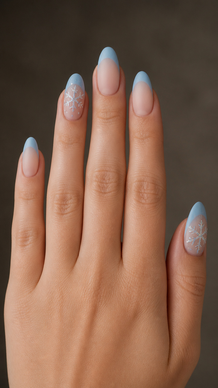 Matte Icy Blue Tips with Glitter Snowflake Accents