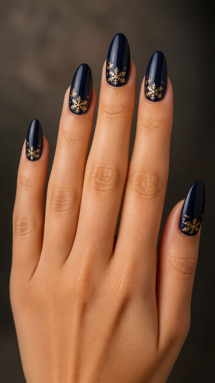 Deep Navy Almond Nails with Gold Micro-Snowflakes