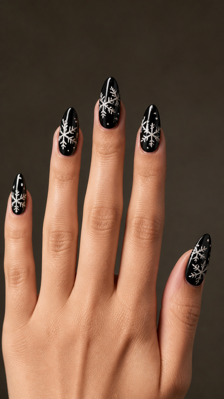 Black Almond Base with White Glitter Snowflakes