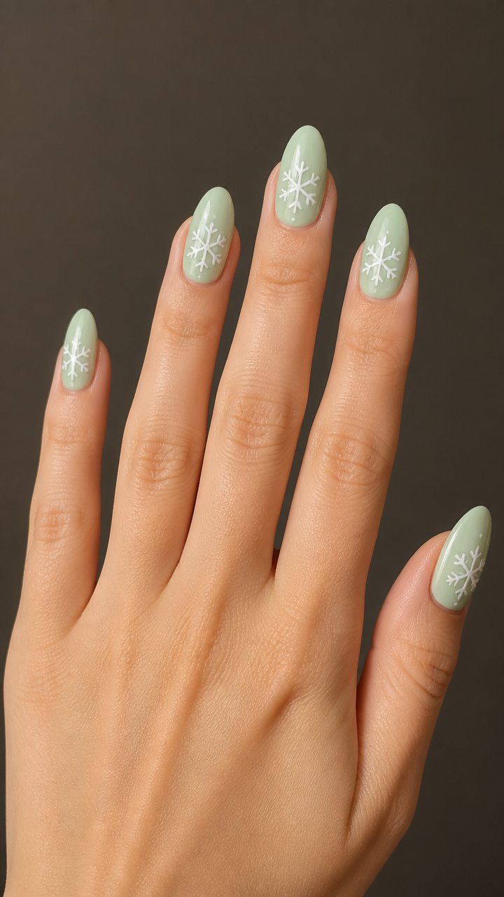Mint Green Almond Nails with Snowflake Decals