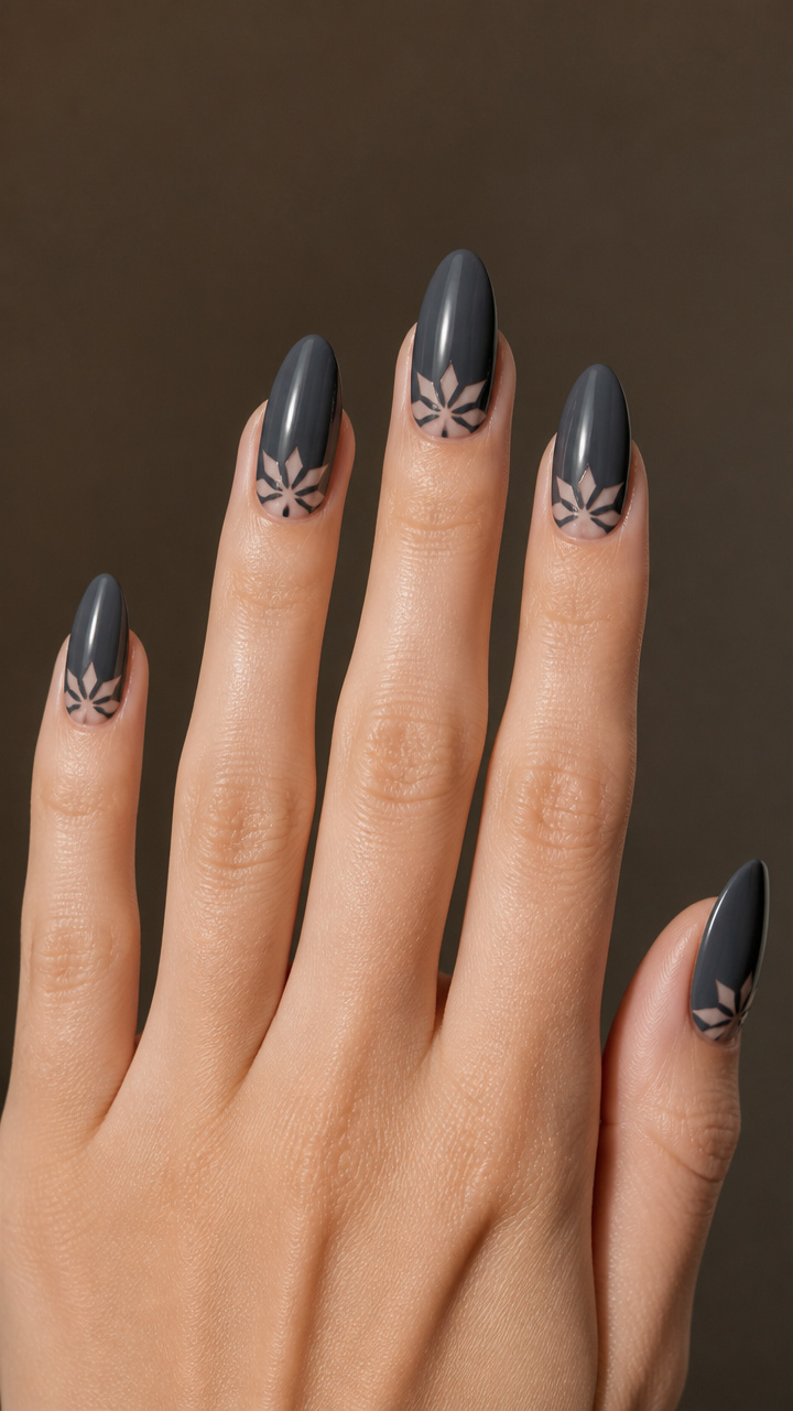 Charcoal Gray Almond Nails with Negative Space Snowflakes
