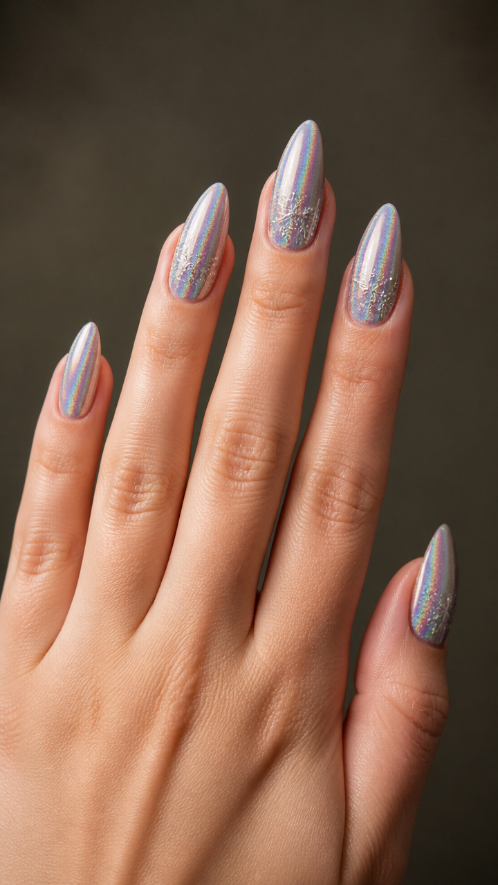 Holographic Silver Almond Nails with Minimalist Snowflakes