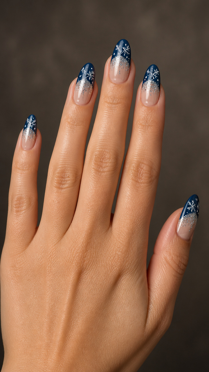 Frosted Midnight Blue Tips with Silver Glitter Accents