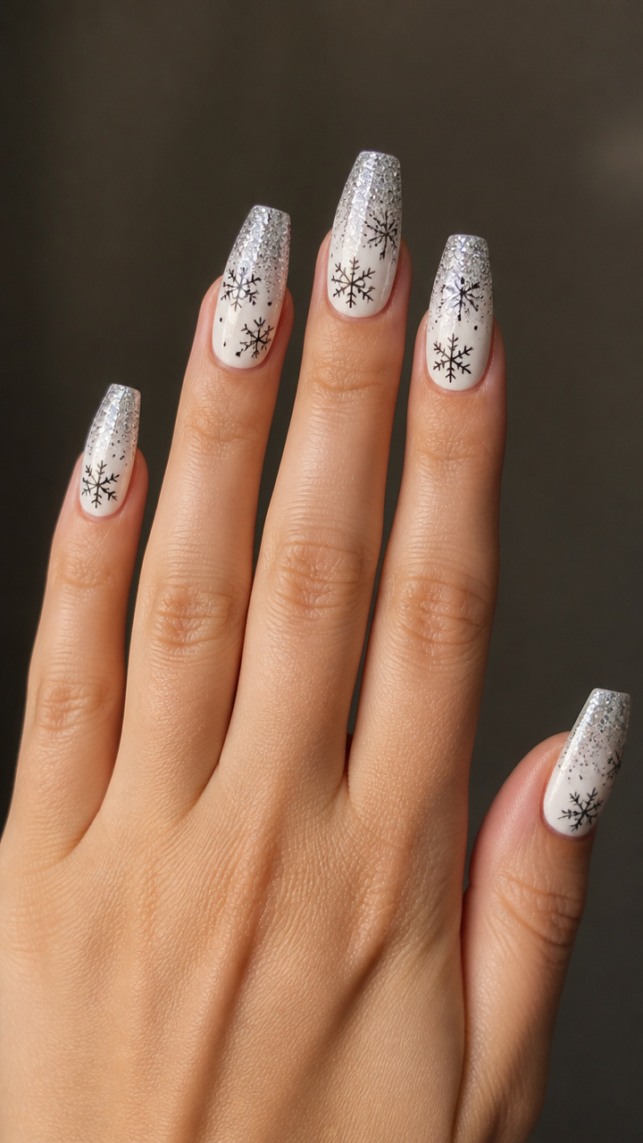 Glitter Gradient Over White Base with Hand-Drawn Snowflakes