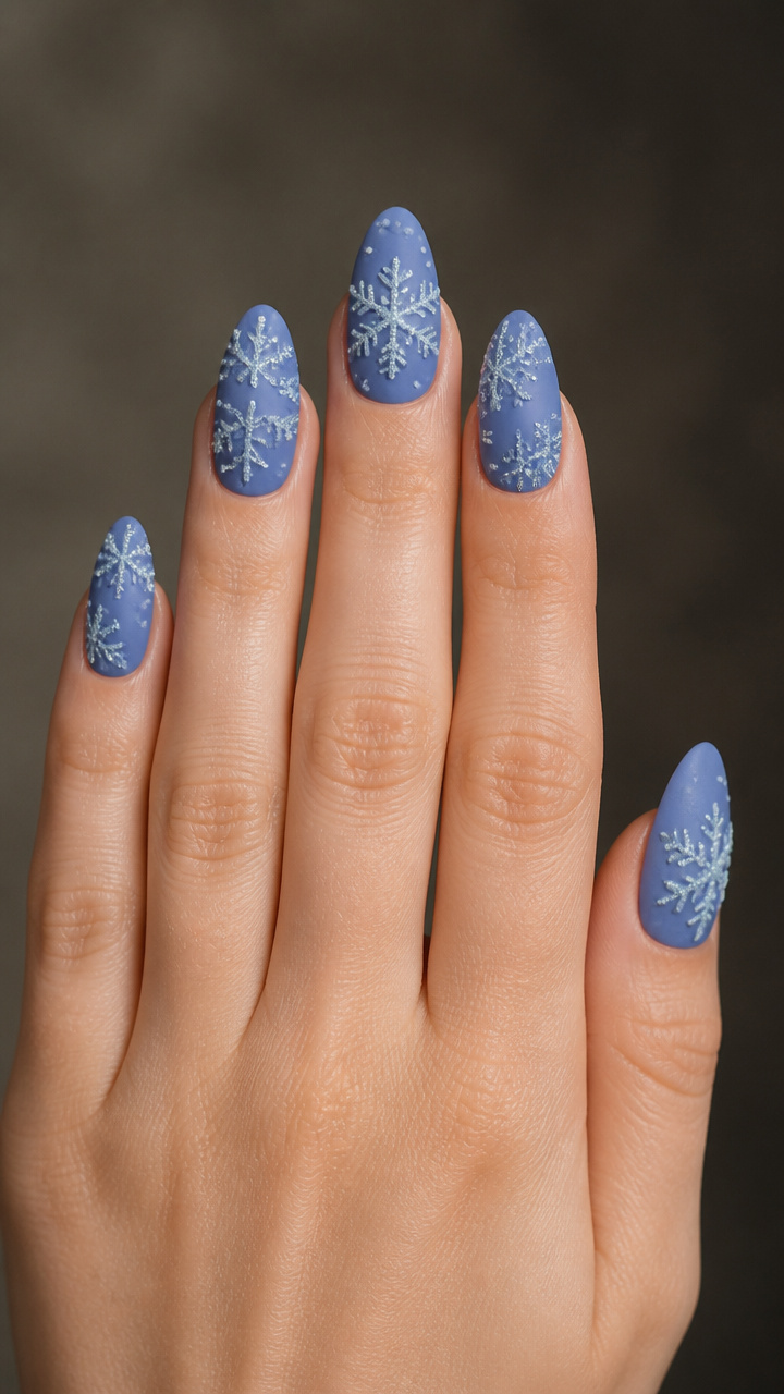 Matte Periwinkle Nails with Raised Glitter Snowflakes