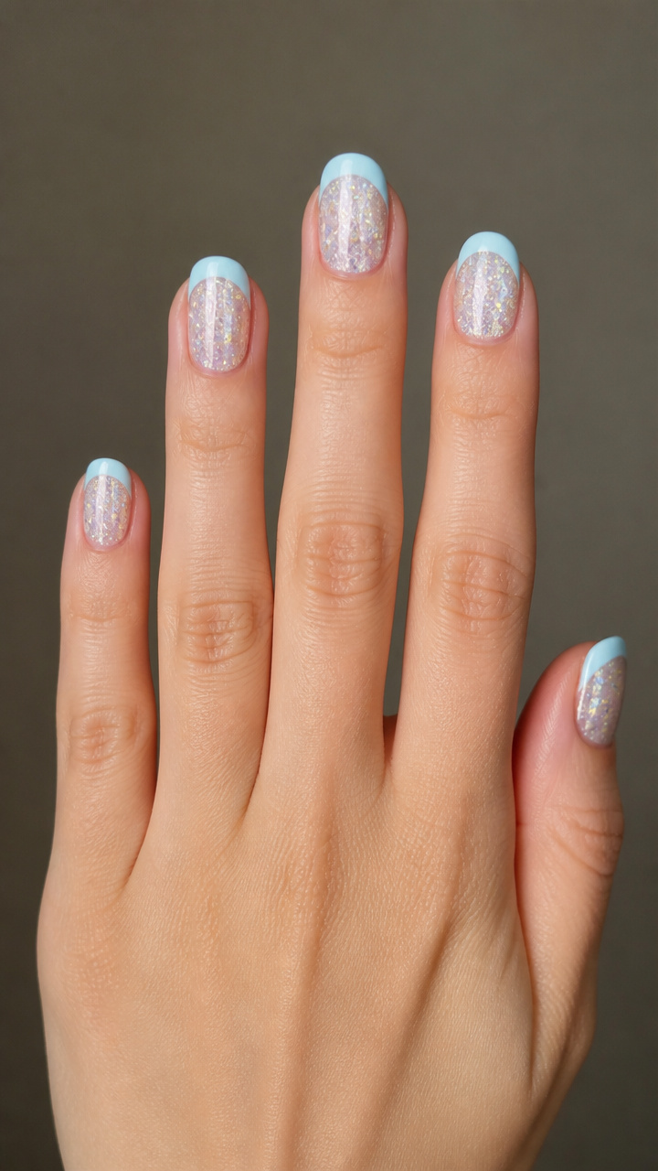 Baby Blue French Tips with Glitter Infill