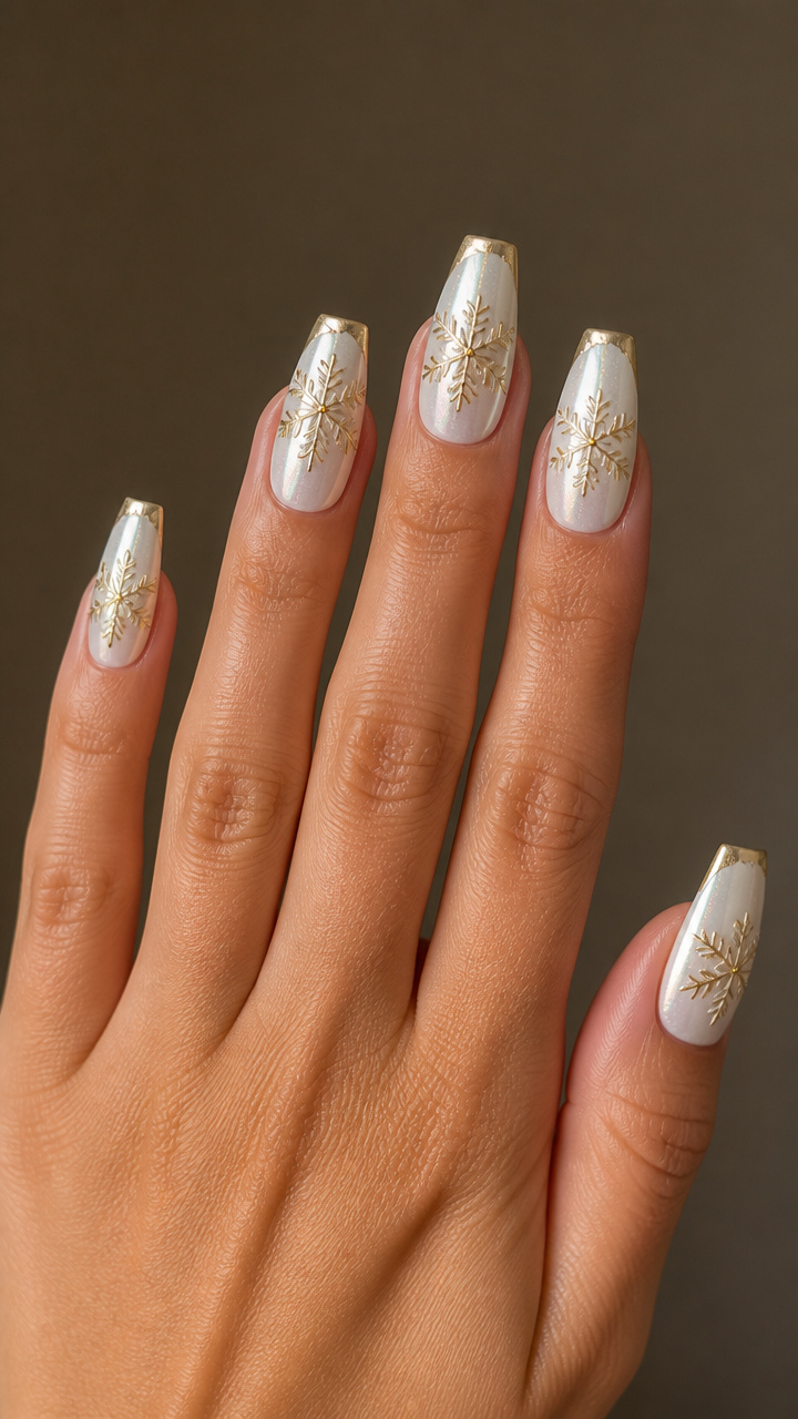 Pearlescent White Coffin Nails with Gold-Tipped Snowflakes